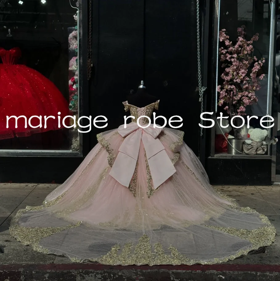 Rose Rose scintillant princesse Quinceanera robes épaules dénudées Applique Gillter Charro personnalisé Corset robes de 15 ans