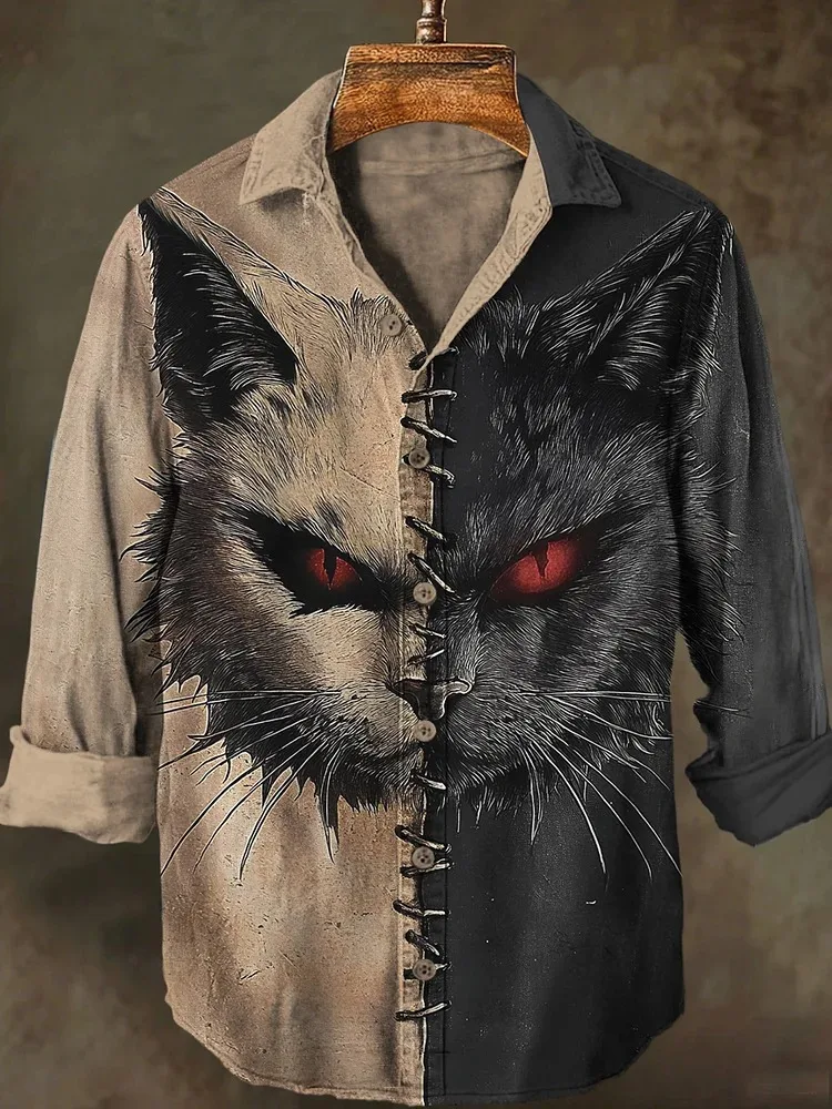 

Мужские рубашки с длинным рукавом, повседневные свободные однобортные стильные блузки с принтом кота на Хэллоуин, шикарные топы, осень 2024, туника с лацканами