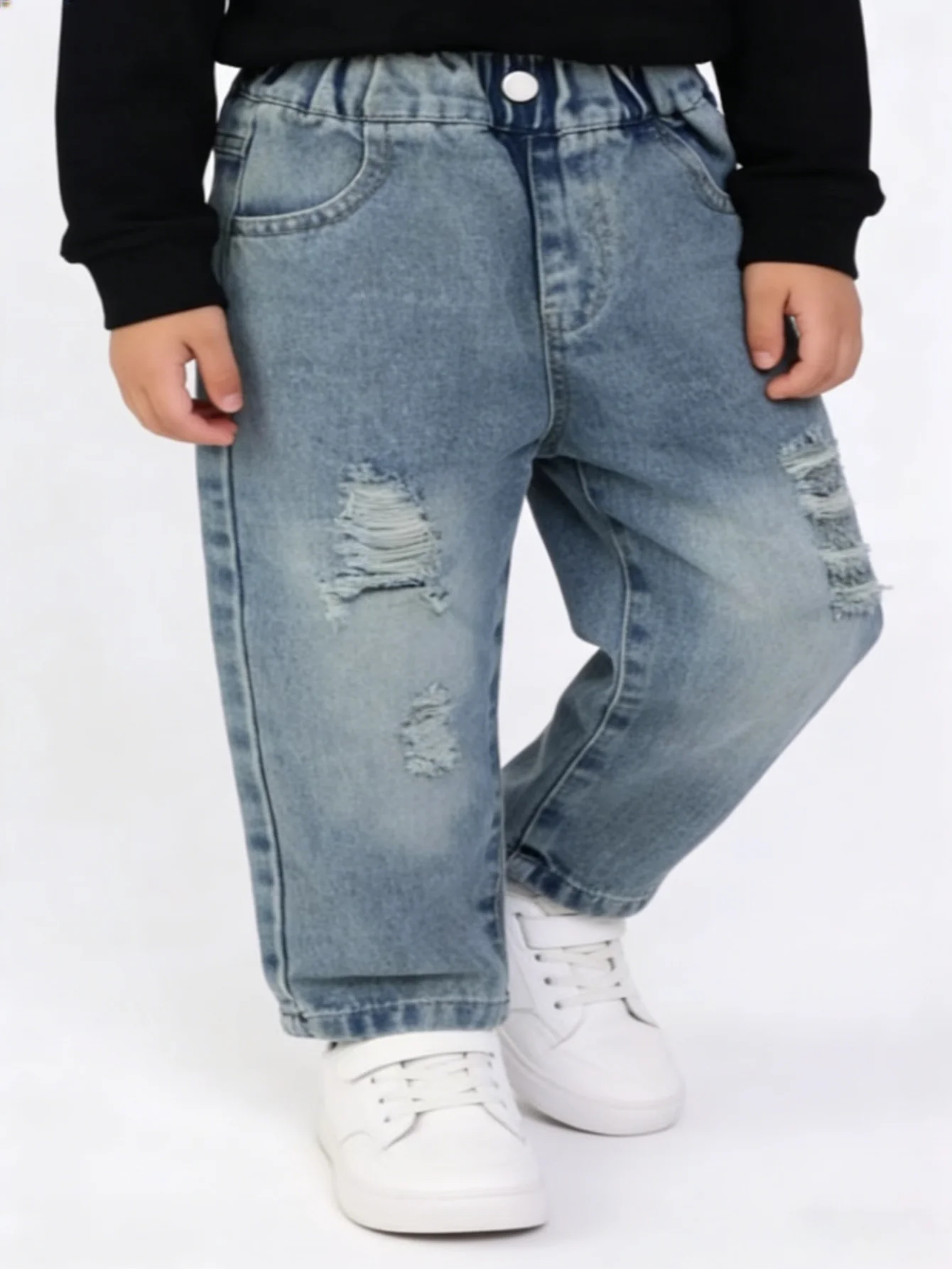 Boys Light Blue Washed Denim Jeans Kids Building Embroidery Loose Fit Pants Children Elastic Waist Casual Trousers 2026 New