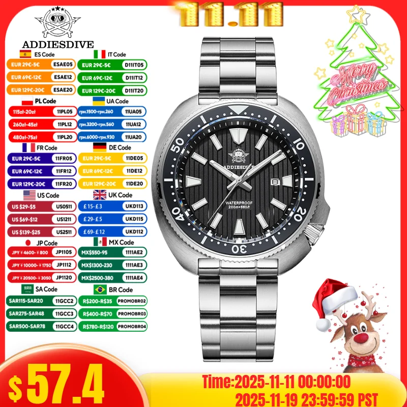 

ADDIESDIVE AD2507 Часы для мужчин с сапфировыми кристаллами 200 м водонепроницаемый оконный дисплей BGW9 Светящиеся кварцевые часы из нержавеющей стали 316L