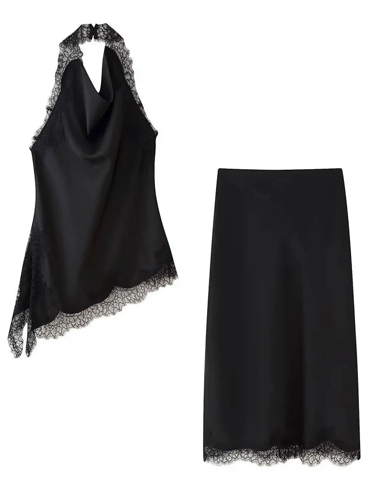 

Элегантный комплект из атласных юбок для женщин, черный кружевной топ без рукавов с лямкой на шее и открытой спиной + тонкая юбка-миди на молнии сзади, новинка 2023 года, лето