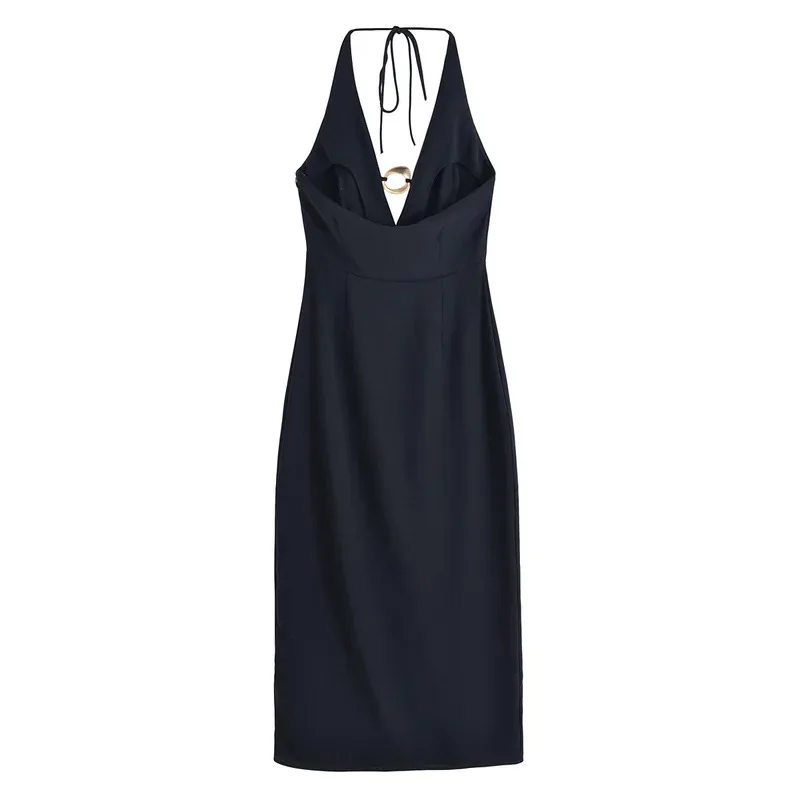 

Vintage Chic Black Halter Neck Sleeveless Maxi Dress Backless Zipper Summer Slim Fit Women's Fashion 2025