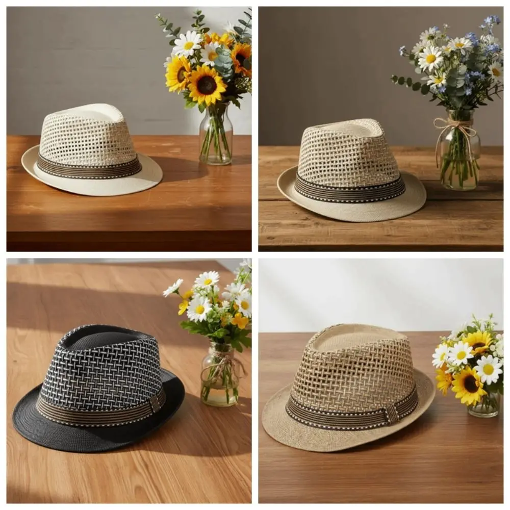 Short Brim Men Panama Hat Breathable Hollow Out Woven Straw Hat Lightweight Sunshade Topi Vacation Beach Cap Fashion Show view 5