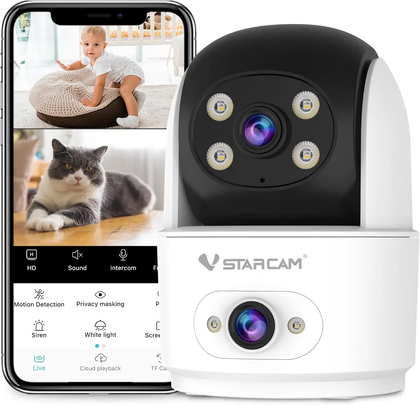 

2K Dual-Lens Indoor Security Camera with Color Night Vision, Pan-Tilt Motion Tracking, Two-Way Audio, and SD Storage