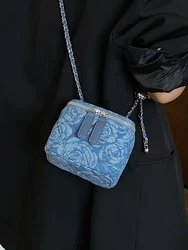 Blue Denim Rose Print Chain Crossbody Bag 2024 New Summer Cool Girls Zipper Box Small Square Bag Fashion Elegant Shoulder Bags