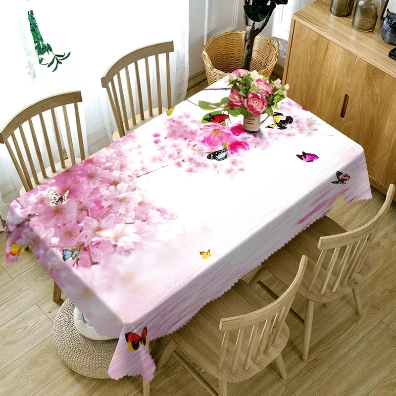 

3D Floral Butterfly Print Tablecloth Purple Lilac Pattern Linen Stain Resistant Tablecloth Christmas Dinner Decor Tablecloth