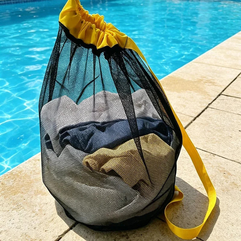 Summer Lightweight Mesh Drawstring Storage Bag Large Capacity Breathable Beach Backpack Bag Simple Camping Outdoor Shopping Bag