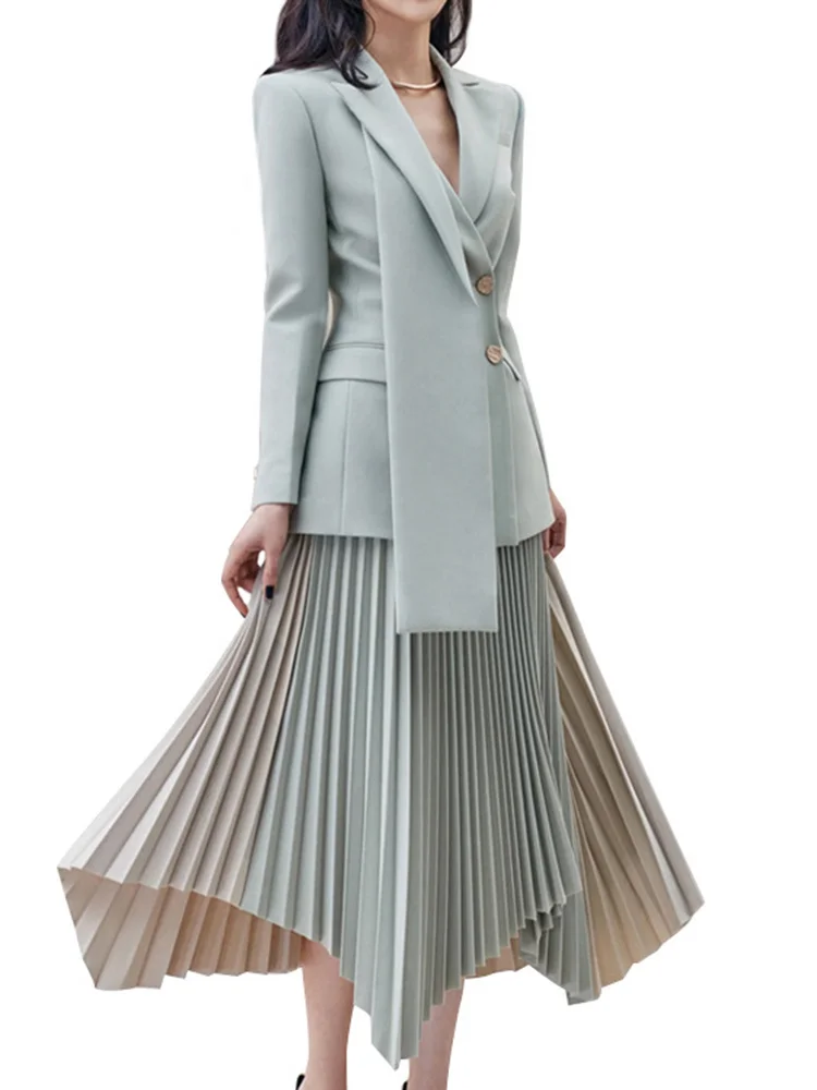Fashion Women\'s 2 Pcs Set New Notched Double Breasted Blazer And High Waist Contrast Color Pleated Skirt Autumn  O376