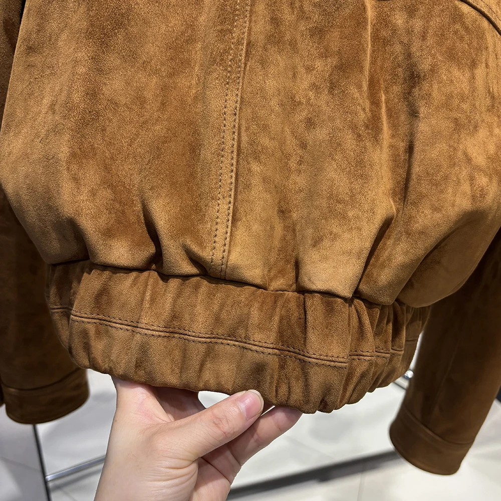 YOLOAgain 2026 Spring Short Suede Bomber Jacket Women Genuine Sheepskin Leather Jacket Ladies