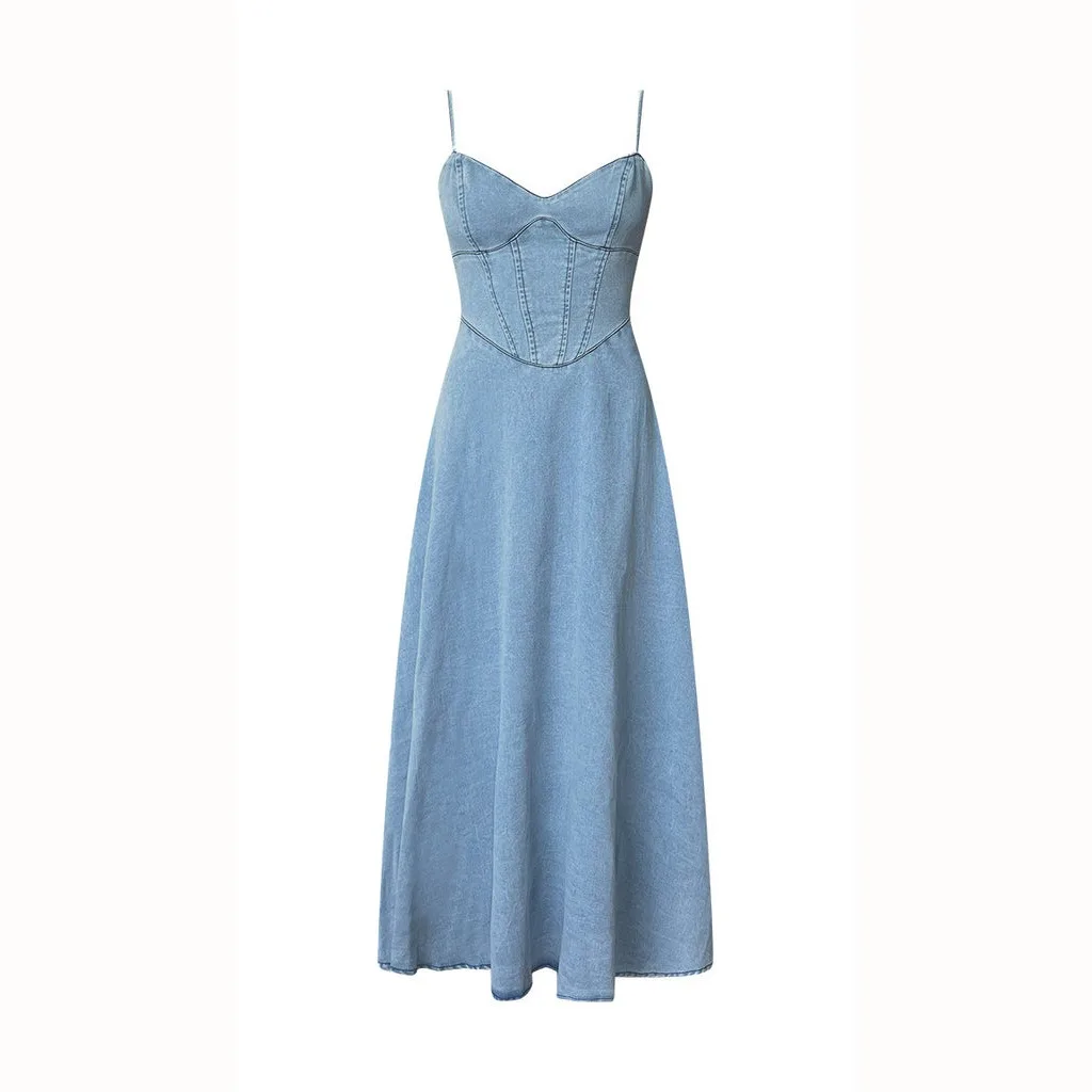 

European and American 2025 spring and summer new cross-border Amazon V-neck suspender old sexy style elastic denim dress