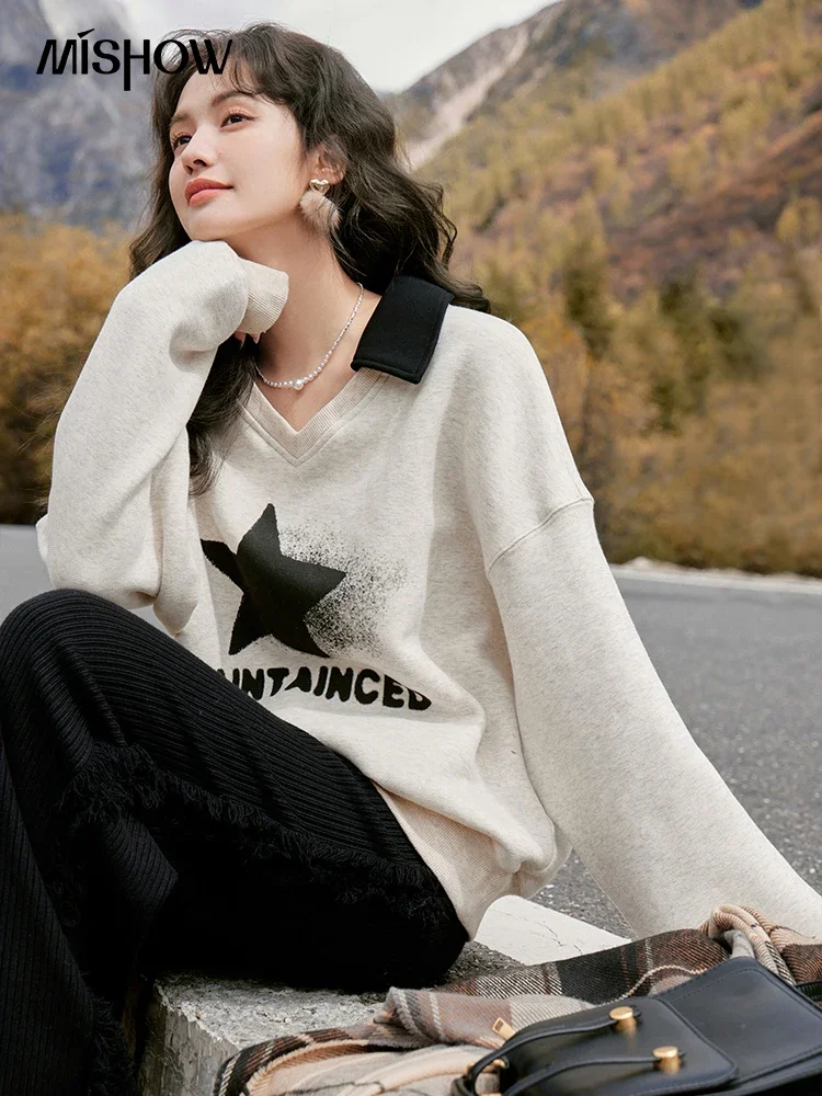 MISHOW Star Graphic Oversized Sweatshirt 2024 Autumn Winter Patchwork Loose POLO Collar Pullover Fake Two-piece Top MXC53V0042