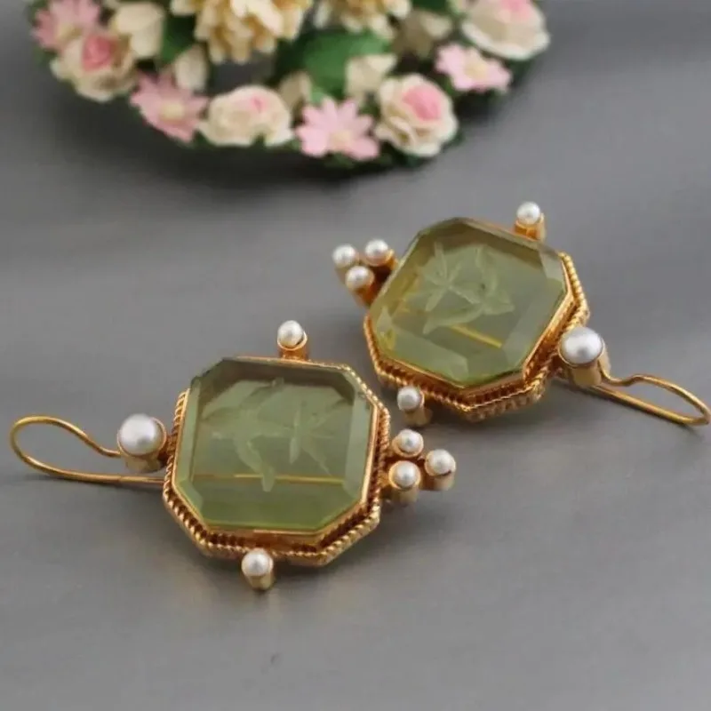 2024 New Cross Border Hexagonal Green Crystal Stone Eardrops with Ancient Style Hot Selling Commuter Earrings