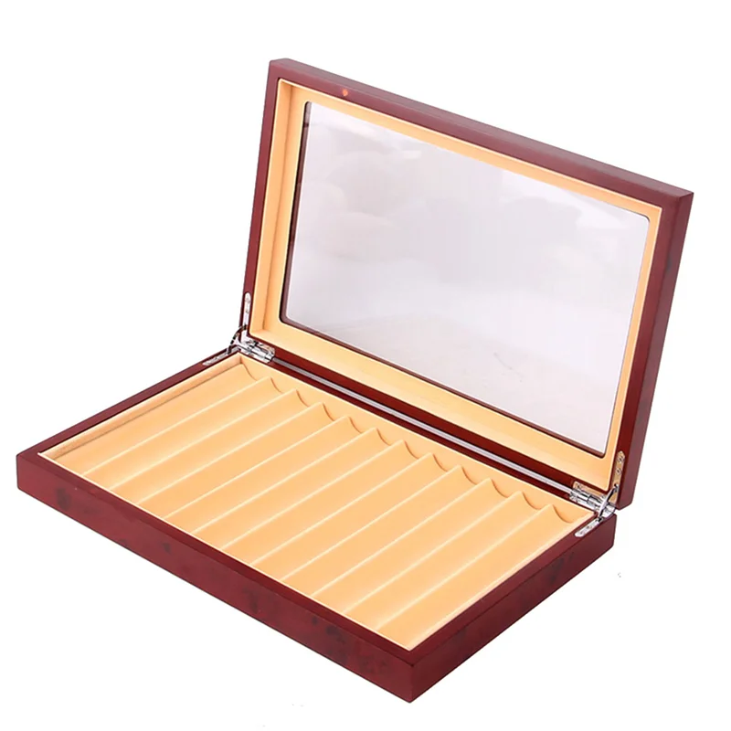 APB-12 Grid Wooden Pen Display Case Storage Luxury Fountain Case Transparent Window Pen Box-Collection Organizer Red