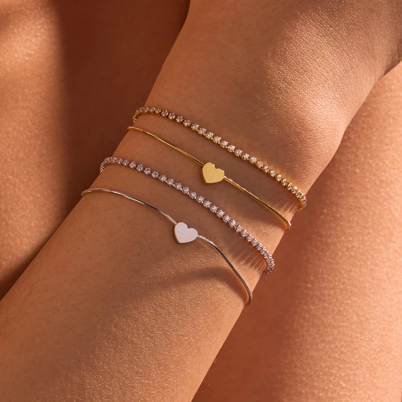 Juego de 2 Pulseras de Cadena Cubana para Mujer, Color Dorado, Corazón, Doble Capa, Circonita Cúbica, Cadena de Mano, Joyería Boho Retro de Moda, Regalos