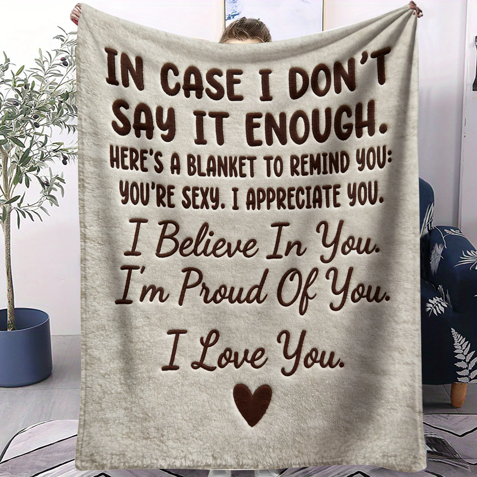 Warm Brown Encouraging Love Slogan Solid Heart Flannel Throw Blanket Lightweight All Season Neutral Romantic Blanket