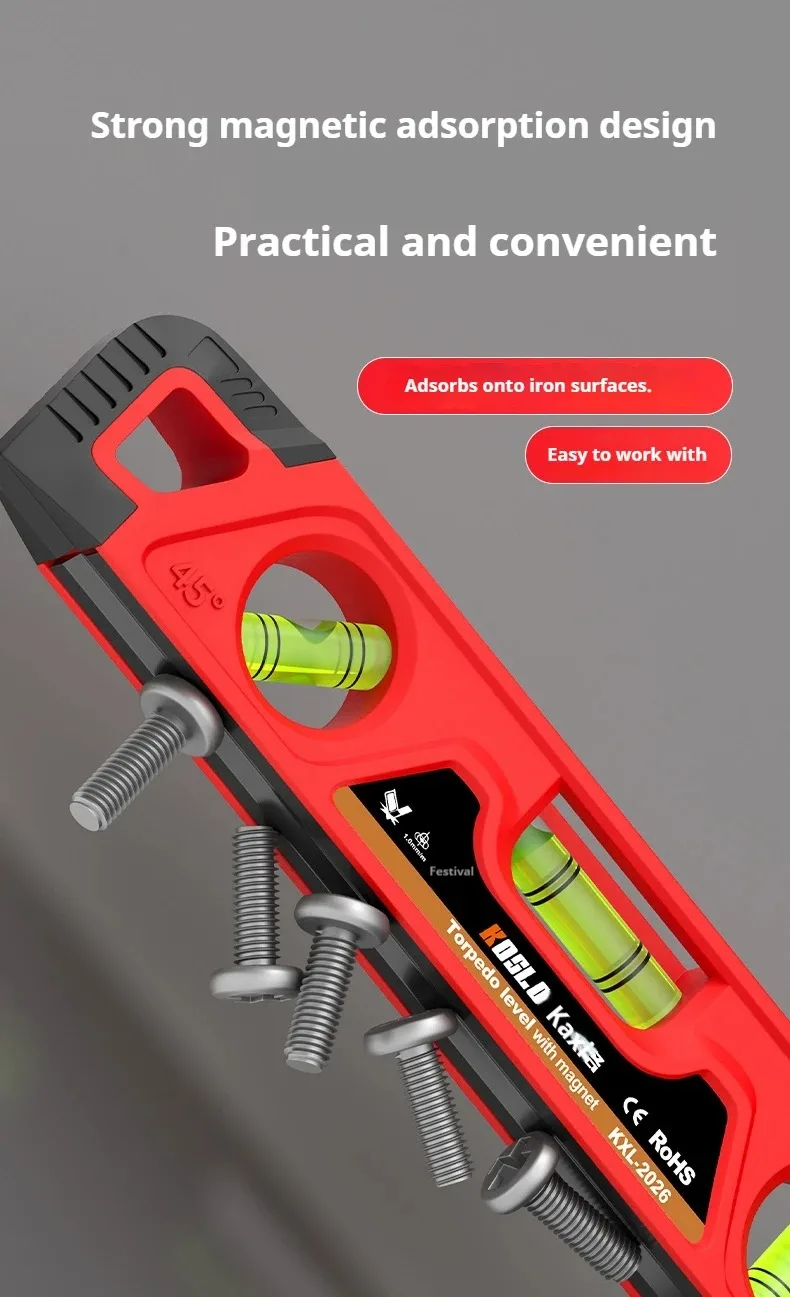 3-Blasen-Wasserwaage, Magnetisches Nivellierwerkzeug, Stoßfester Mini-Neigungsmesser, Horizontale Messlehre für Tischlerei und DIY, Ausrichter – Detail 7