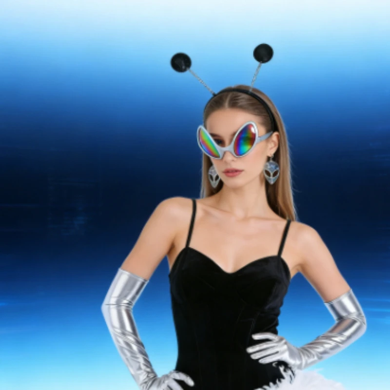 Set de Accesorios para Disfraz de Alien de Pascua: Diadema con Antenas Plateadas, Gafas de Sol Holográficas y Guantes Metálicos, Kit Festivo para Fiestas