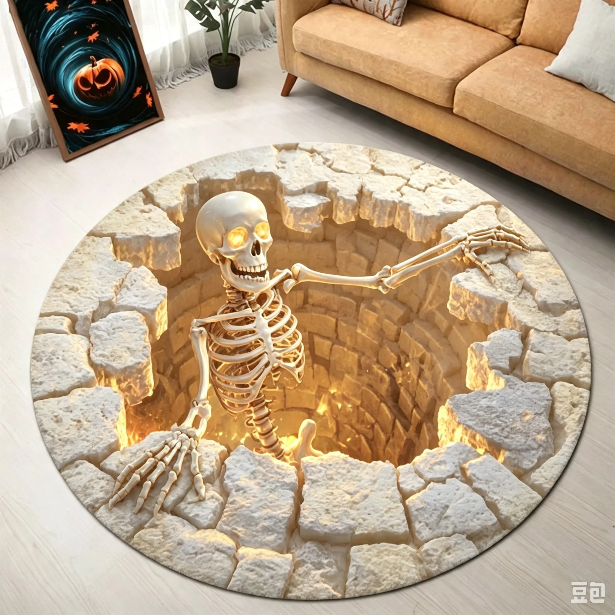 3D Illusion Skeleton Round Floor Rug, Spooky Stone Pit Skeleton Print Circular Carpet,Halloween Horror Decor Mat for Living Room