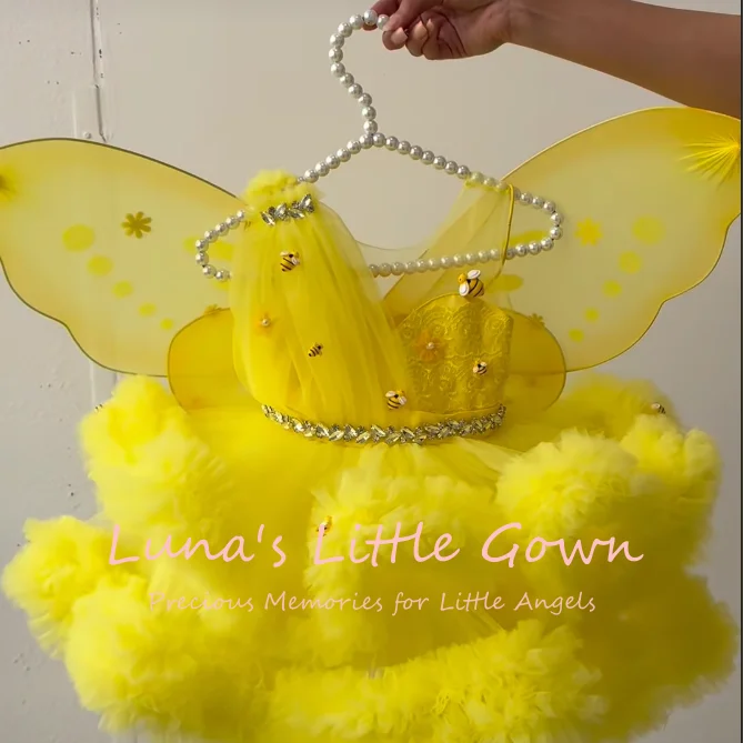 Robe à ailes de fée abeille jaunes pour enfants, en tulle moelleux, robe de demoiselle d'honneur, pour anniversaire, Halloween, fête cosplay, tutu personnalisable