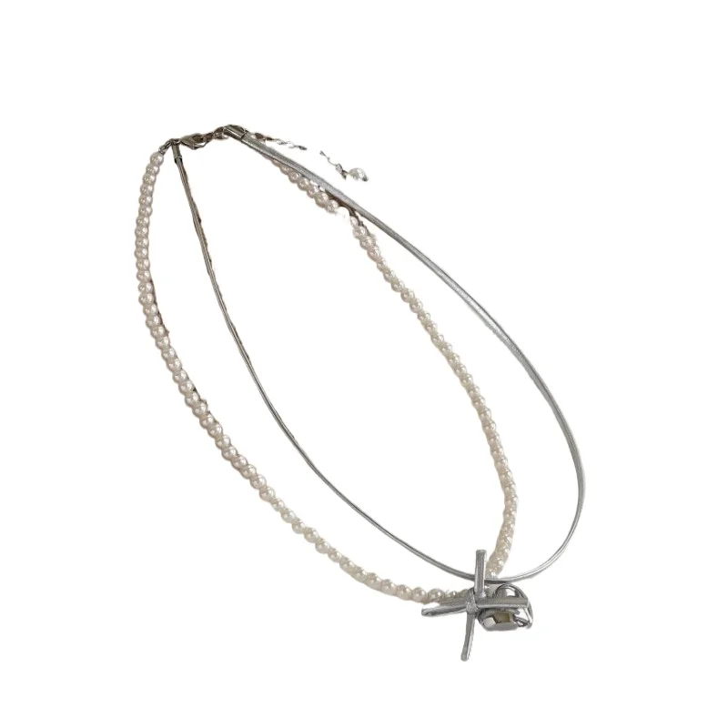 

Ballet style pearl bow French simple pearl necklace stacked neck chain collarbone chain