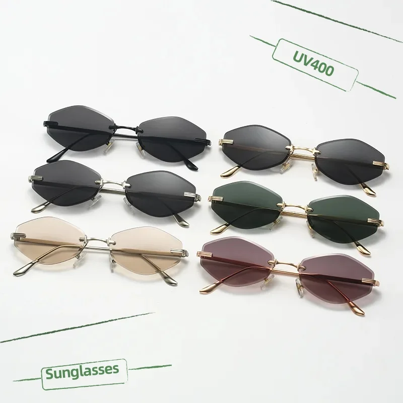 

European and American Metal Frameless Polygonal Sunglasses Fashionable and Trendy Street Photography High-end Sunscreen Glasses