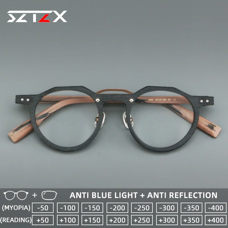 SZTZX Vintage New Fashion Casual Style Blue Light Blocking Myopia Glasses Acetate Round Progressive Prescription Reading Glasses