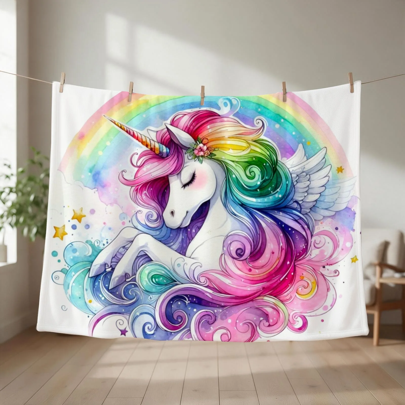 Rainbow Pegasus Unicorn Throw Blanket couch cozy soft plush fuzzy picnic outdoor blanket