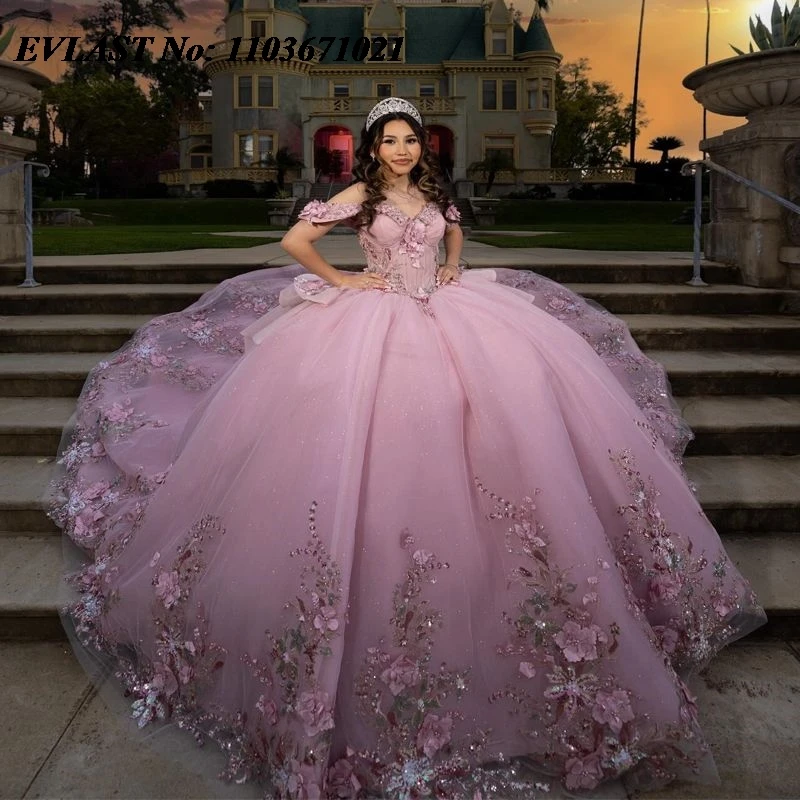 EVLAST Розовое платье Quinceanera по индивидуальному заказу, бальное платье с 3D цветочной аппликацией и бисером, многоуровневый корсет Sweet 16, Vestidos De XV 15 Anos SQ88