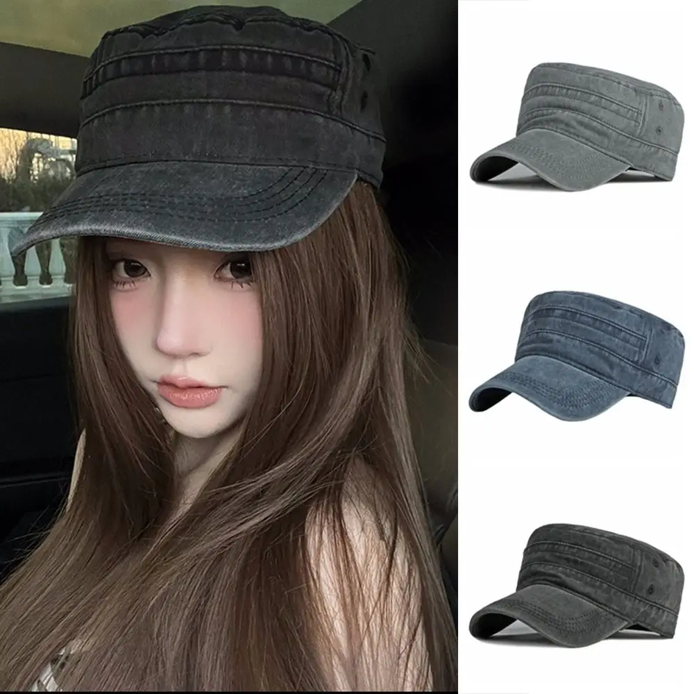 

Casual Vintage Flat Top Hat Y2k Washed Cotton Cadet Cap Gothic Streetwear Peaked Cap Spring