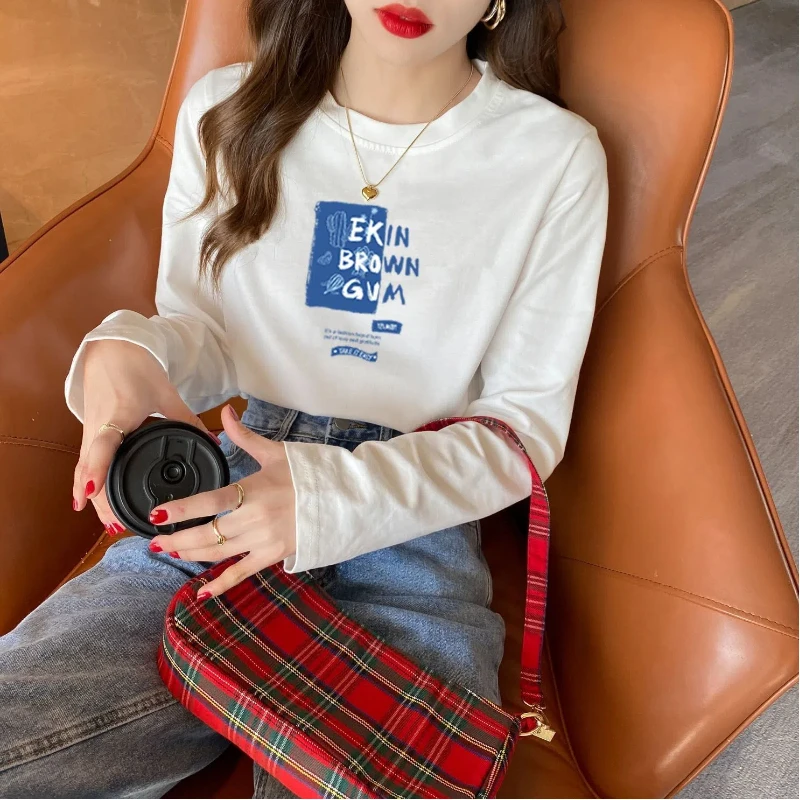 Fresh and Sweet Women's 2024 Spring and Autumn New Splicing Pullovers O-Neck Printed Letter Fashion Loose Casual Long Sleeve Top