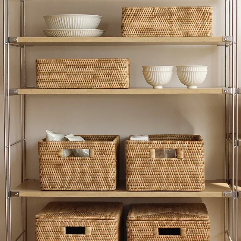 Nordic Home Storage Basket, Natural Vine Weaving Organizer Boxes, Multifunctional Storage Toy, Double Sided Handle, Case