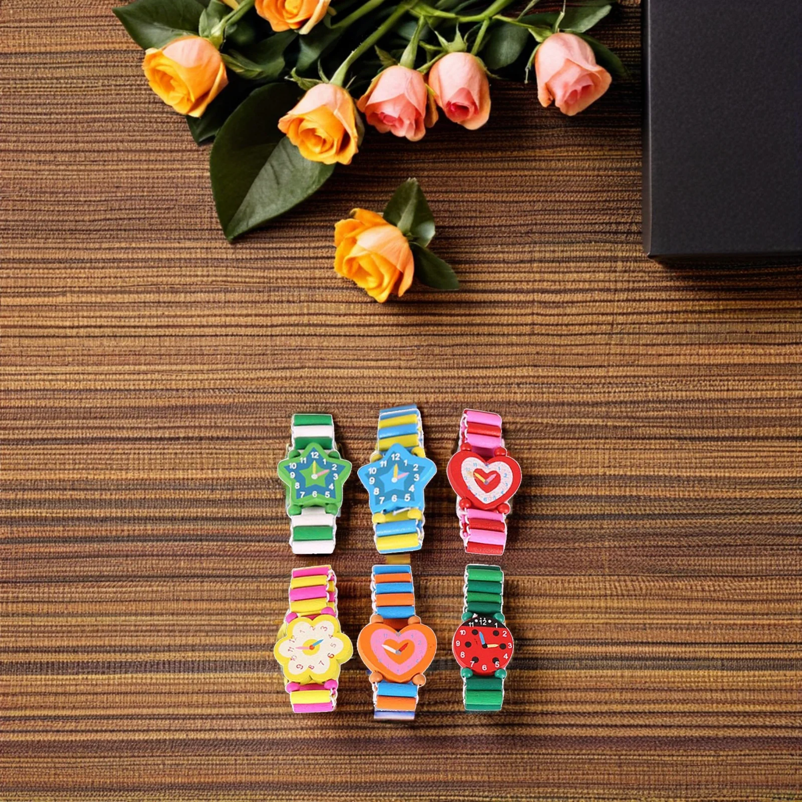 6pcs Wooden For Kids Watch Kids Cartoon Wood Wristwatches Simulation Clock Bracelet Children'S Gift Wood Crafts