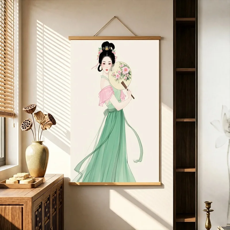 Wall Art Elegant Women Holding Flowers in Traditional Dress, Pearlescent Canvas Hanging Scroll for Bridal Boutique Wall Decor