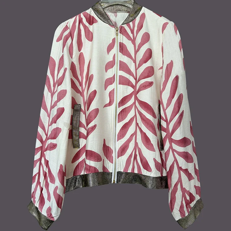 Printemps automne décontracté femmes veste mode motif imprimé lâche manteau à glissière hauts mode à manches longues col Polo vêtements d'extérieur 2025