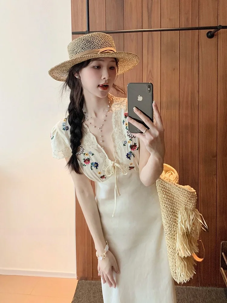 

Stazf7 Summer Gentle Style Embroidered V-neck Long A-line Dress Women's Lace Patchwork Fat-friendly Comfortable Maxi Dress