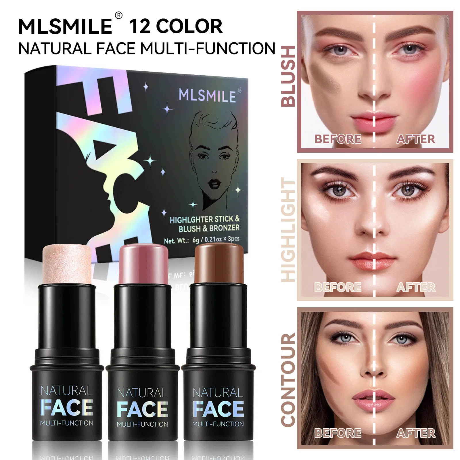 MLSMILE 3pcs highlighter and contour stick multifunctional three-dimensional brightening skin tone facial blush stick