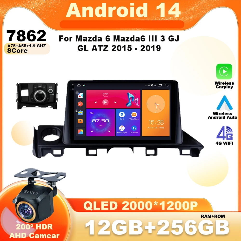 Android 14 For Mazda 6 Mazda6 III 3 GJ GL ATZ 2015 - 2019 Car Radio Multimedia Video Player Navigation GPS Wireless Carplay QLED