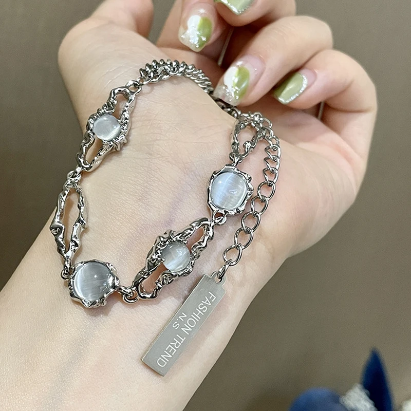 1pc Y2K INS Korean Fashion Tassel Pendant Bracelet Pulseras Gift Kiss Jewelry Kpop Titanium Steel Moonstone Bracelet For Women