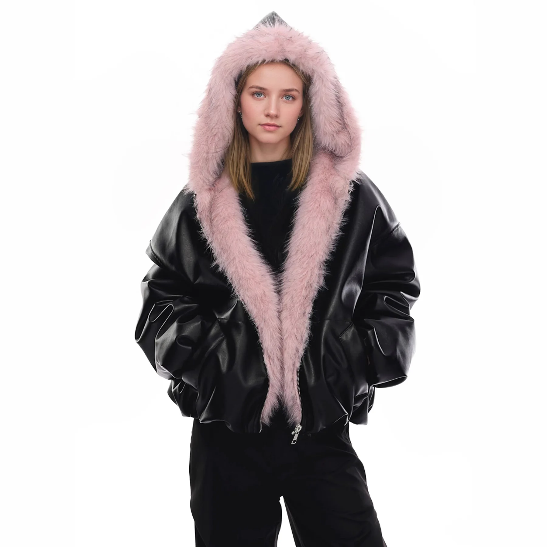 

Pink Fluffy Women's Leather Jaet Winter Thiened Windproof Regular Length PU Leather Coat Fem Outerwear Cross-Border