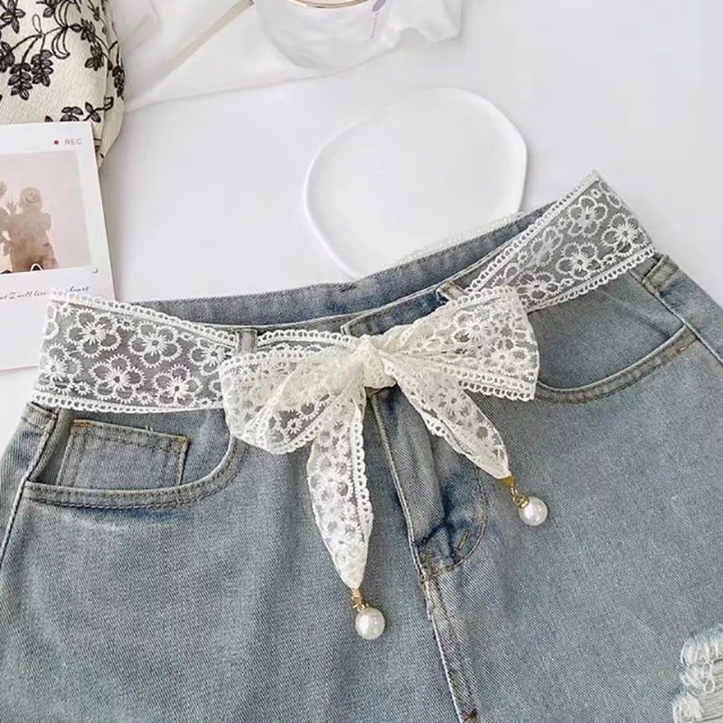 Nuevo cinturón de nudo de encaje de estilo coreano exquisito dulce con colgante de perla cinta larga bufanda falda chaqueta decoración cadena de cintura