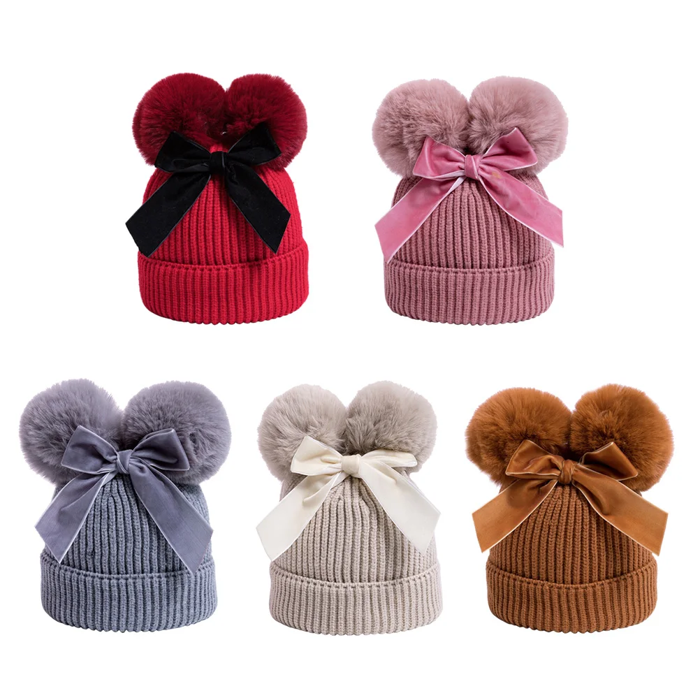 

Children Bow Knit Hat Kids Winter Warm Girls Pompom Yarn Crochet Cap Toddler Elastic Breathable Gifts