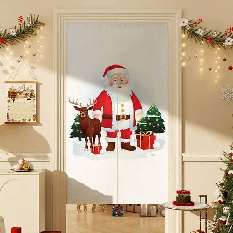 VIKAMA Christmas Door Curtain Blue Snowman Hat Scarf Candy Cane Ornament Print Noren For Entryway Kitchen Bedroom Living Decor