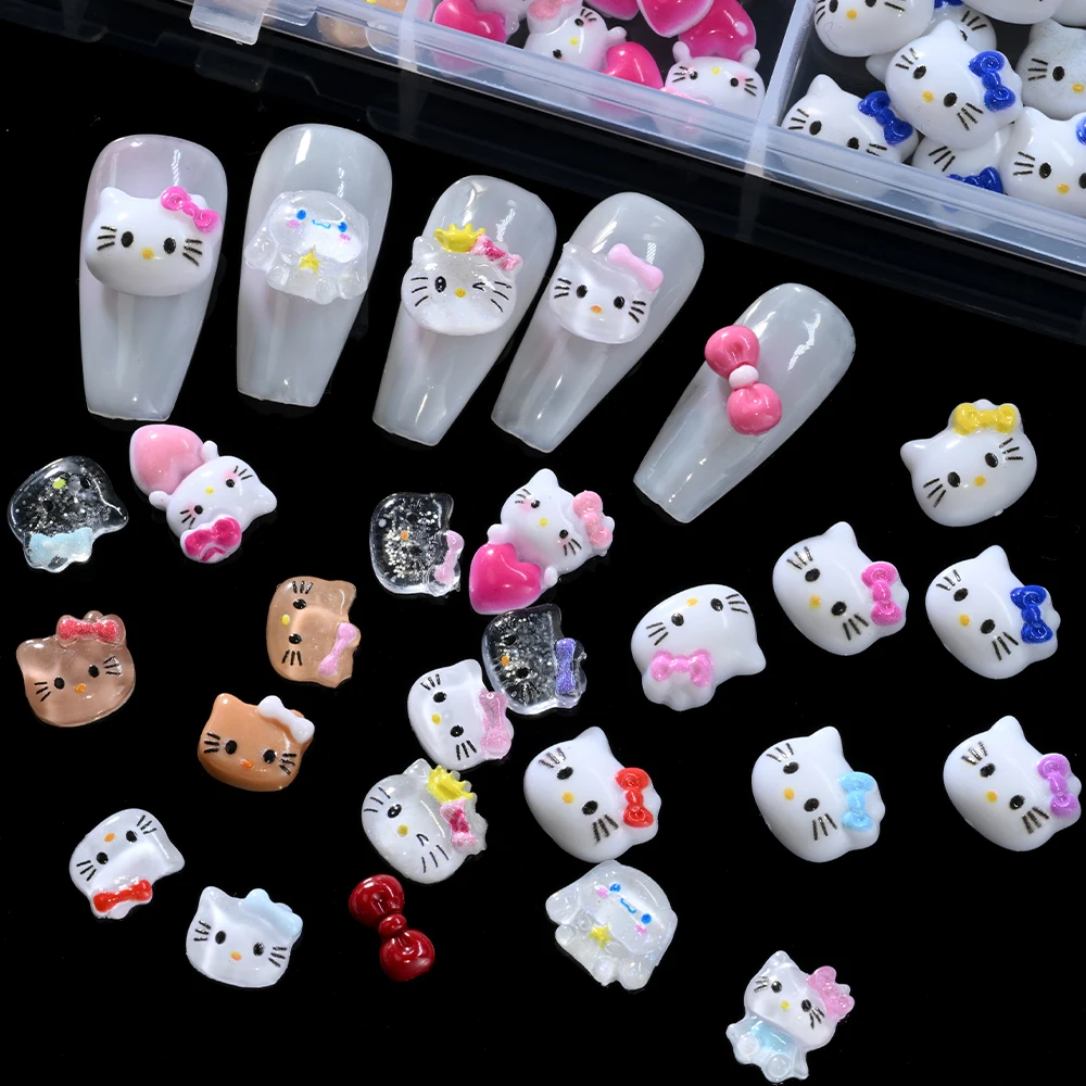 12/24grids 3D Mixed Cartoon Glitter Hello Kitty Head Nail Charms Pink/Blue/Red Bow Kawaii Kitty Nail Rhinestone DIY Nail KT Part