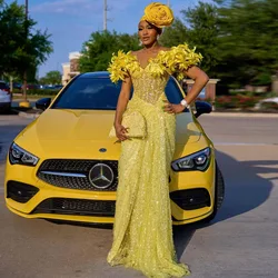 Chic Design Yellow Sequins Beaded African Prom Dresses with 3D Floral Appliques Shiny Lace Black Girls Formal Party Dress Asoebi