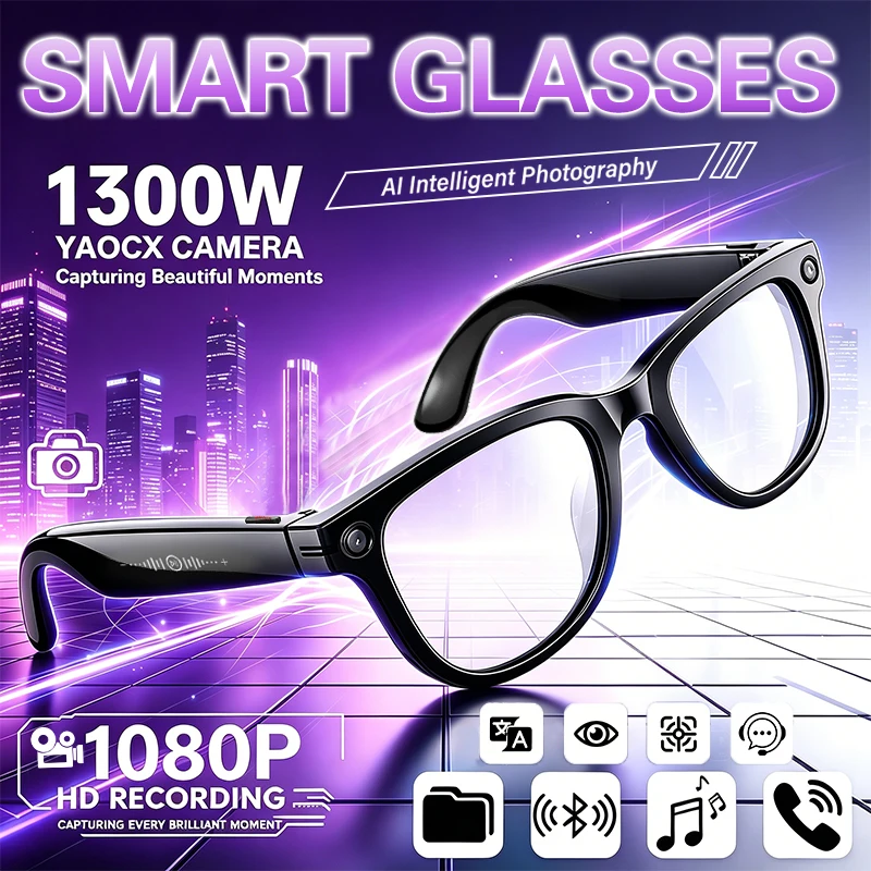 

2026 Smart Glasses 1300W HD Camera Al Object Recognition WIFI Transfer AI Translation Voice Wake-up BT Call 290mAh Smart Glasses