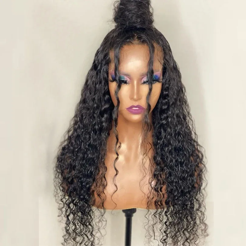 

26Inch Black Long Kinky Curly 180Density Free Part Glueless Synthetic 13*4*1Lace Front Wig For Women Babyhair PrePlucked Daily