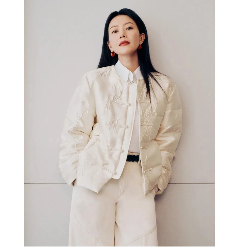 

Новая китайская женская зимняя куртка из гусиного пуха с пуговицами, высоким круглым воротником и узором из бамбука и оленя