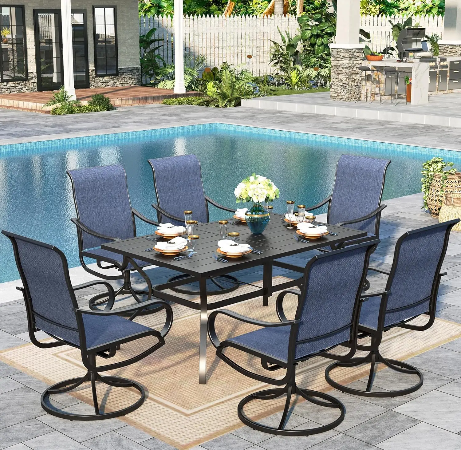 

Outdoor Dining Set Patio Dining Set for 6 Outdoor Table and Chairs 7 Pieces Outdoor Patio Set with Swivel Patio Chairs 60"x 38"