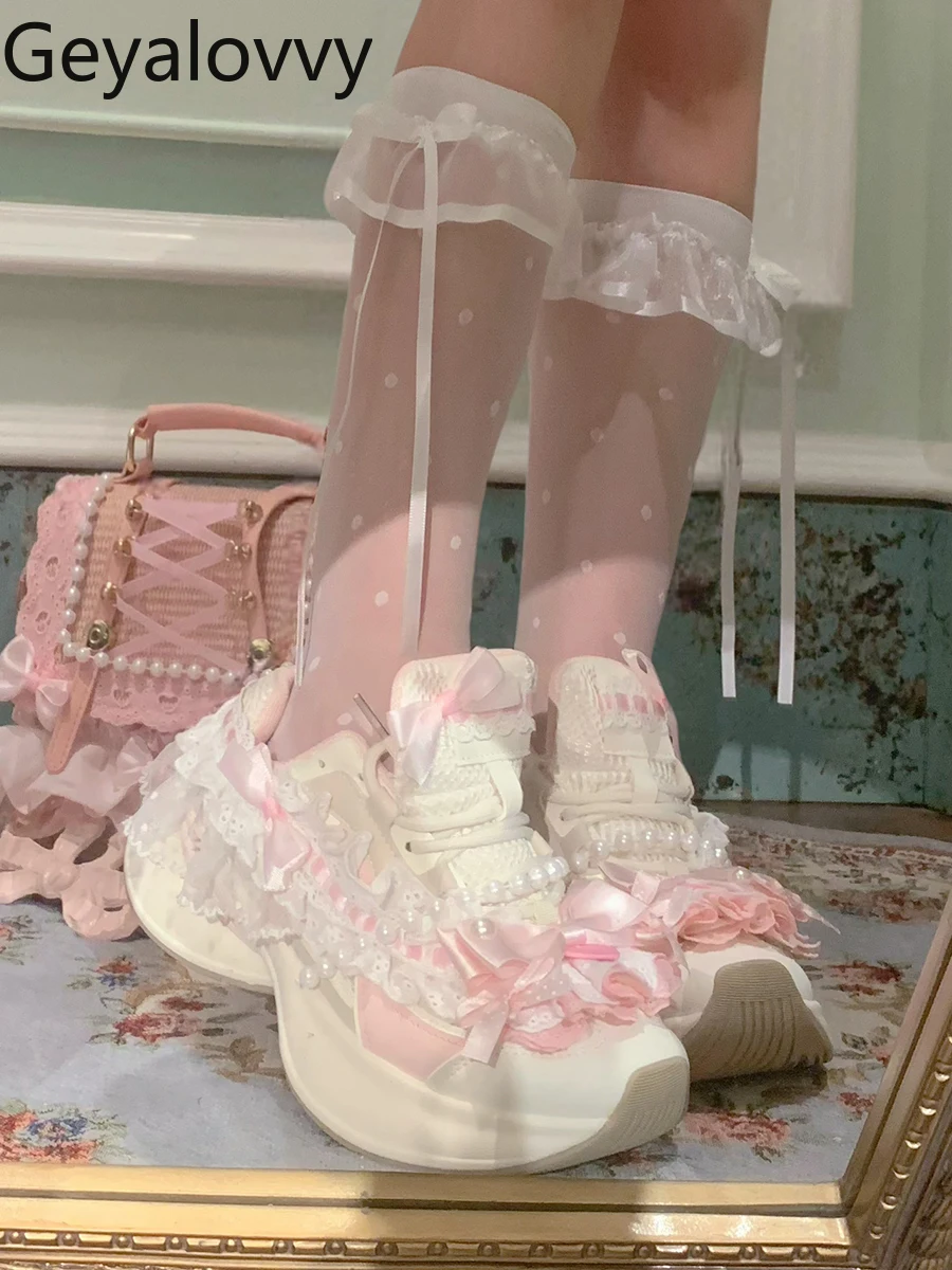 Lace Bow Pearl Ribbon Cute Sweet Thick-Soled Dad Shoes for Women Spring Autumn Height-Increasing Casual Sneakers Femme