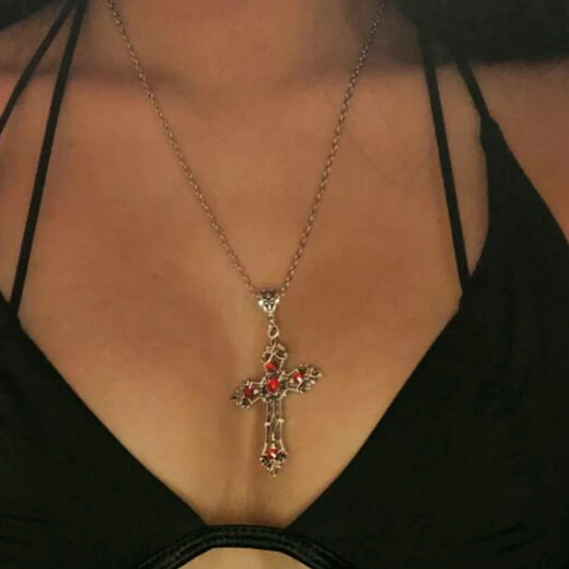 Vintage Baroque Christian Cross Necklace for Women Man Silver Color with Crystals Gothic Crucifix Symbol Easter Unisex Jewelry